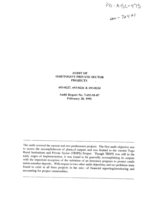 Audit of OAR/Togo"s private sector projects : 693-0227, 693-0226, and 693-0224