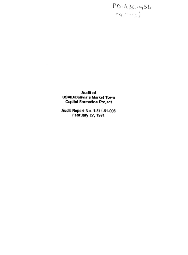 Audit of USAID/Bolivia"s market town capital formation project