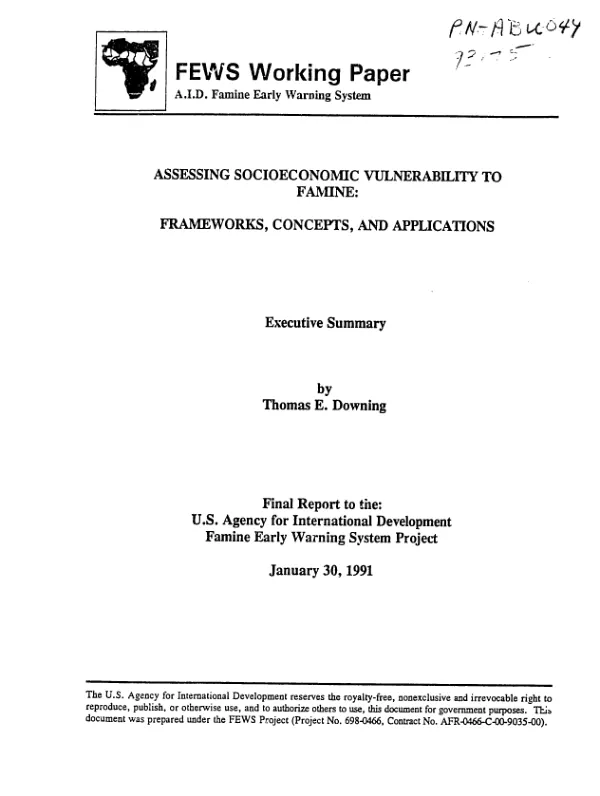 Assessing socioeconomic vulnerability to famine : frameworks, concepts, and applications -- final report to the US Agency for International Development Famine Early Warning System [FEWS] project