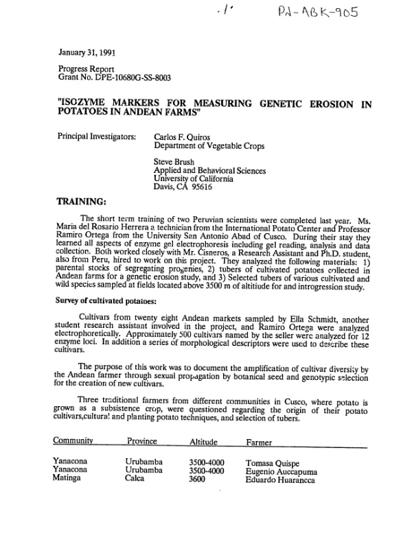 Progress report, grant no. DPE-1068-G-SS-8003-00 : isozyme markers for measuring genetic erosion in potatoes in Andean farms