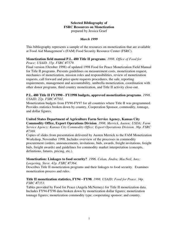 Selected bibliography of FSRC resources on monetization