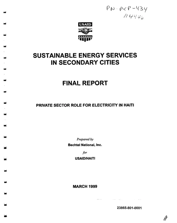 Sustainable energy services in secondary cities : final report -- private sector role for electricity in Haiti