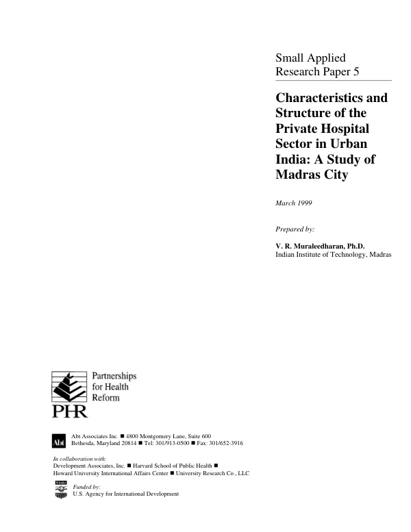Characteristics and structure of the private hospital sector in urban India : a study of Madras City