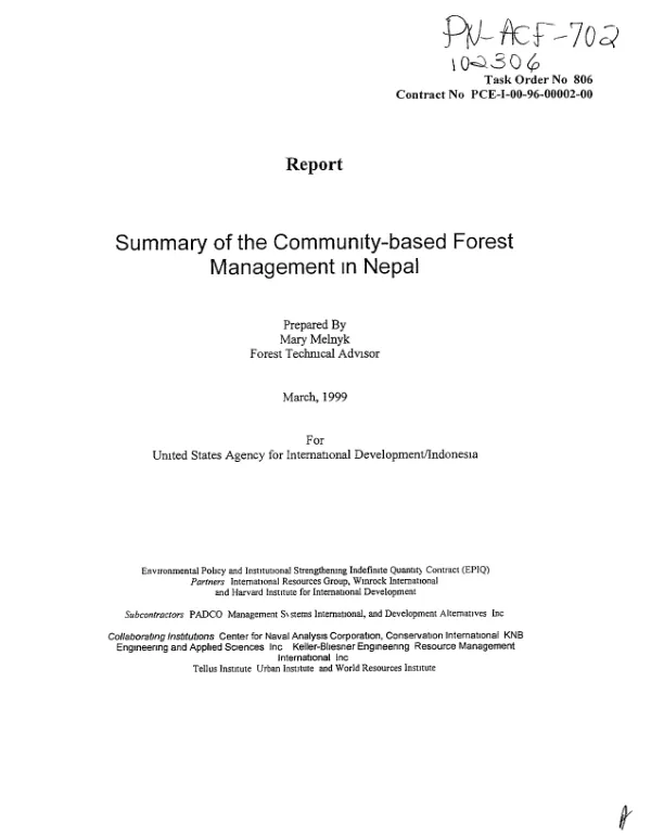 Report : summary of the community-based forest management in Nepal = Ringkasan pengelolaan hutan berbasis-masyarakat di Nepal