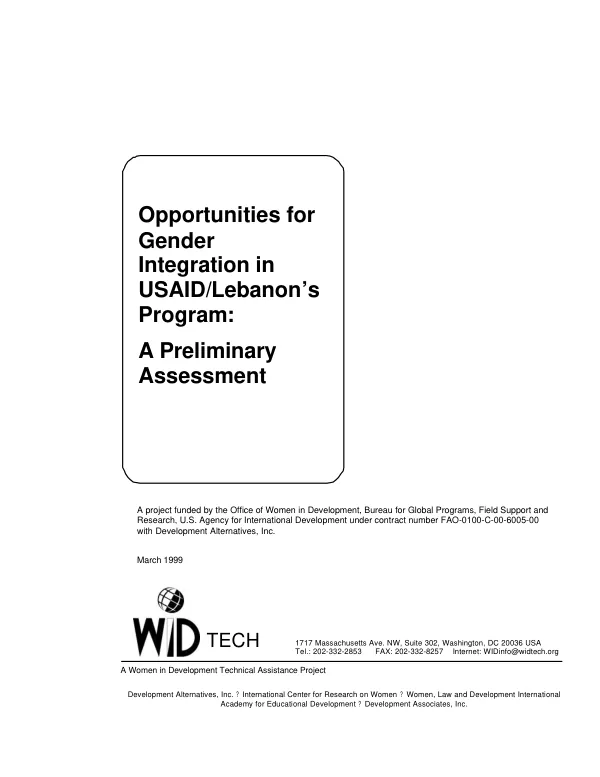 Opportunities for gender integration in USAID/Lebanon"s program : a preliminary assessment