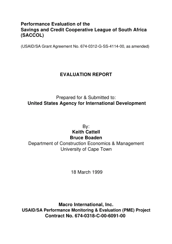 Performance evaluation of the Savings and Credit Cooperatives League of South Africa (SACCOL) : evaluation report