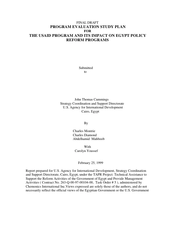 Program evaluation study plan for the USAID program and its impact on Egypt policy reform programs : final report