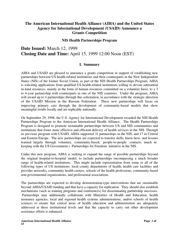 American International Health Alliance (AIHA) and the United States Agency for International Development (USAID) announce a grants competition : NIS health partnerships program