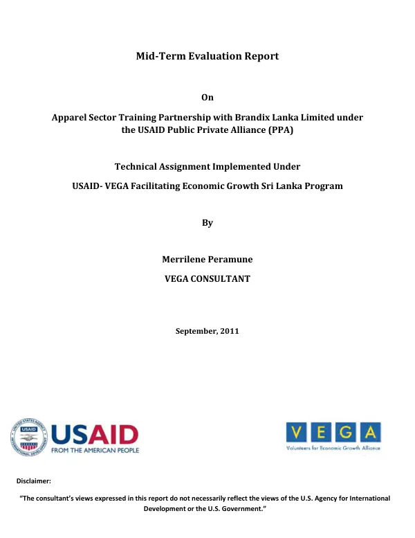 Mid-term evaluation report on apparel sector training partnership with Brandix Lanka Limited under the USAID public private alliance (PPA)