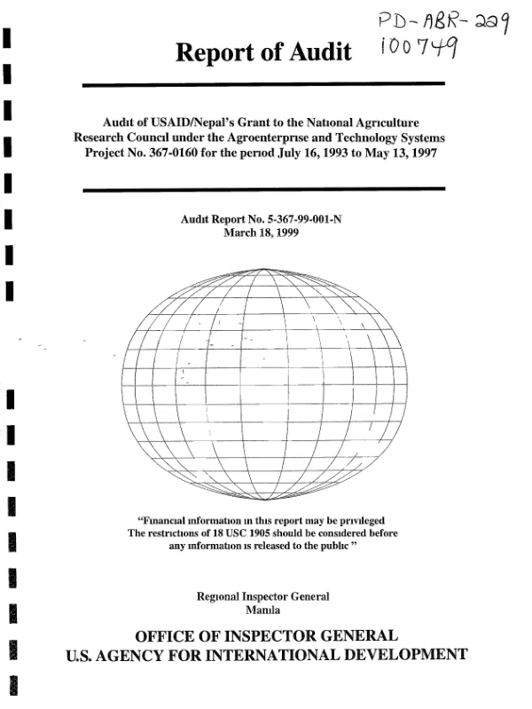 Audit of USAID/Nepal"s grant to the National Agriculture Research Council [NARC] under the agroenterprise and technology systems project no. 367-0160 for the period July 16, 1993 to May 13, 1997