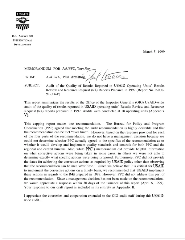 Audit of the quality of results reported in USAID operating units" results review and resource request (R4) reports prepared in 1997