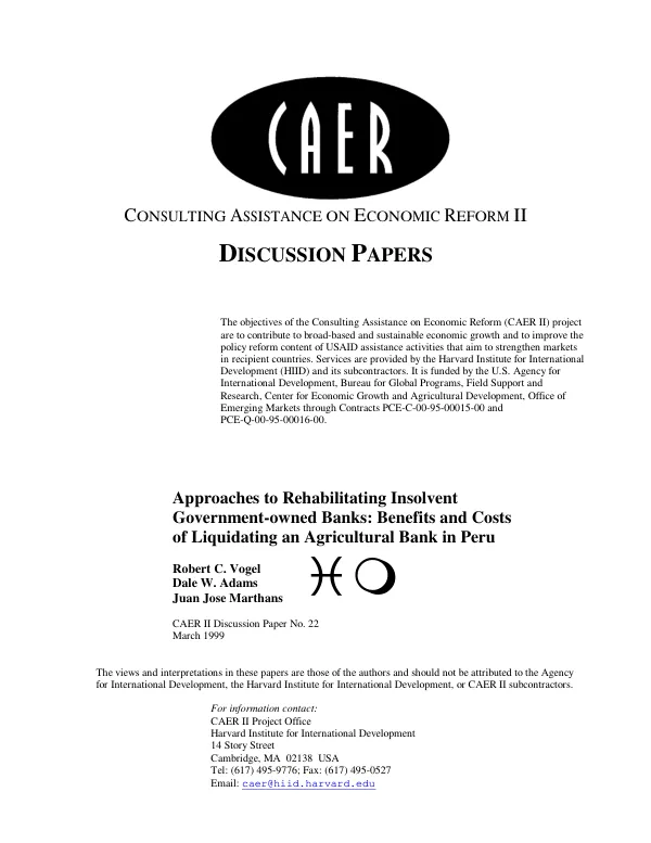 Approaches to rehabilitating insolvent government-owned banks : benefits and costs of liquidating an agricultural bank in Peru