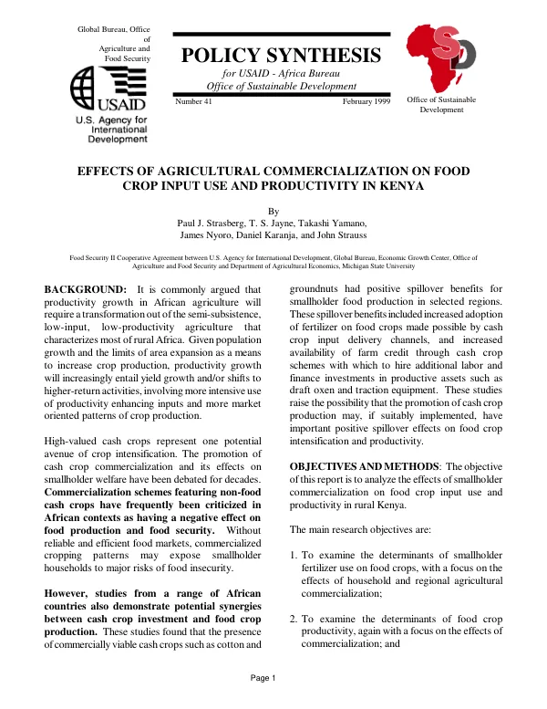 Effects of agricultural commercialization on food crop input use and productivity in Kenya