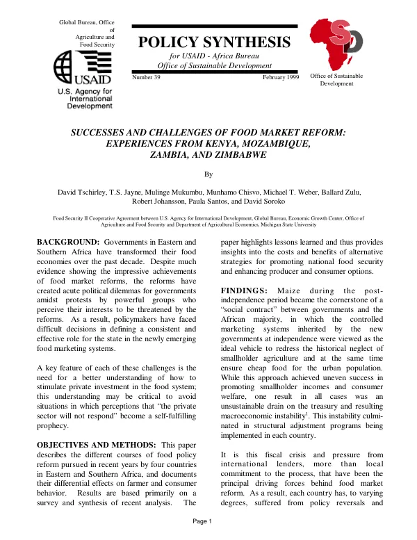 Successes and challenges of food market reform : experiences from Kenya, Mozambique, Zambia, and Zimbabwe
