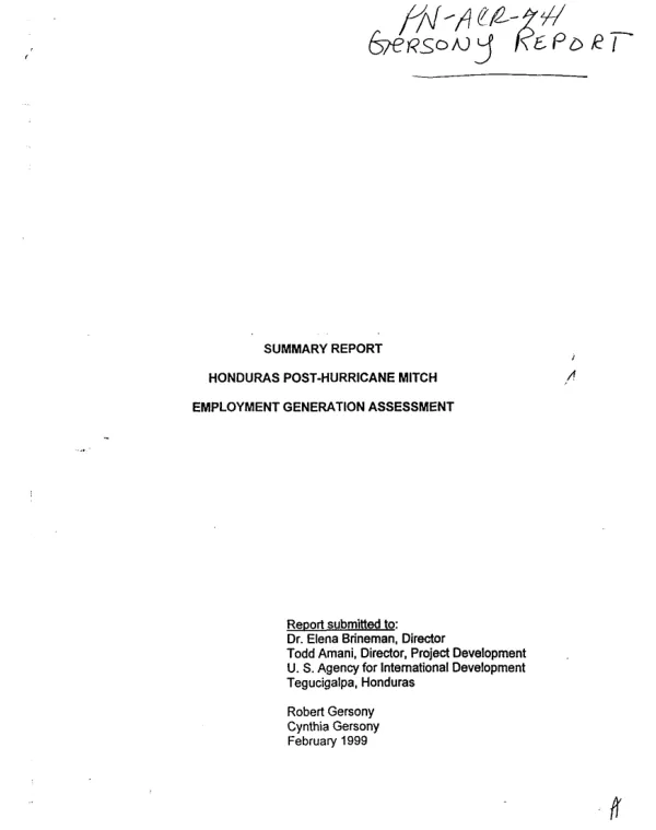Summary report : Honduras post-Hurricane Mitch employment generation assessment
