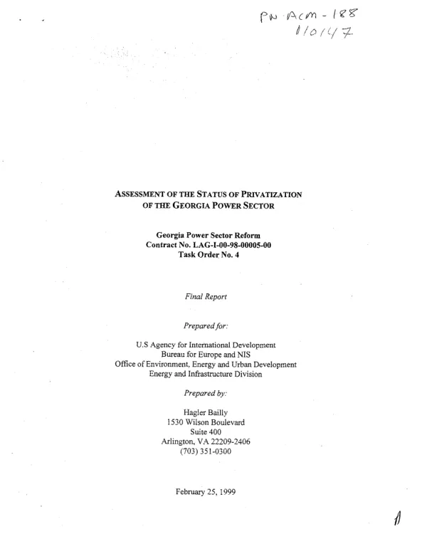Assessment of the status of privatization of the Georgia power sector