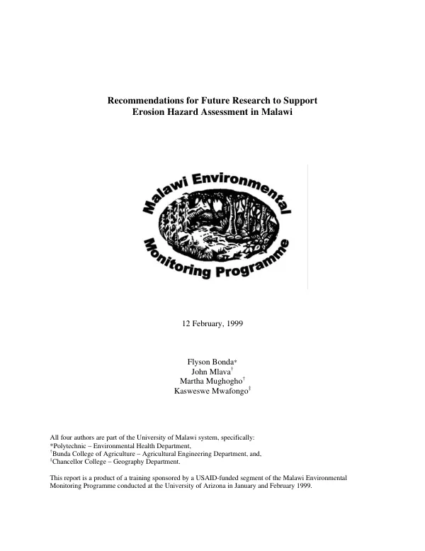 Recommendations for future research to support erosion hazard assessment in Malawi