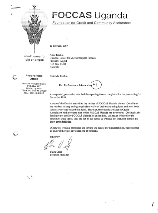 Center for Microfinance, PRESTO [private enterprise support, training and organizational development] project : annual financial information -- Foundation for Credit and Community Assistance (FOCCAS Uganda) : period ending December 1998