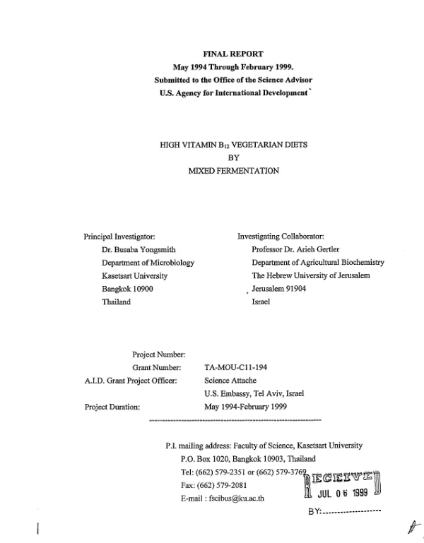 Final report : May 1994 through February 1999 -- high vitamin B12 vegetarian diets by mixed fermentation