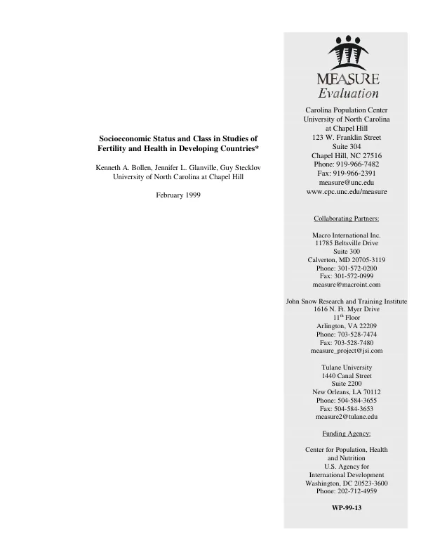 Socioeconomic status and class in studies of fertility and health in developing countries