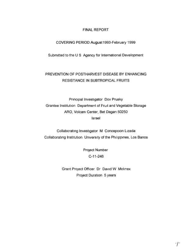 Final report covering period August 1993-February 1999 : prevention of postharvest disease by enhancing resistance in subtropical fruits
