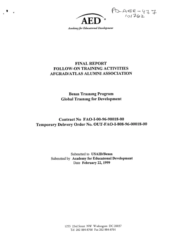 Final report : follow-on training activities -- AFGRAD/ATLAS Alumni Association : Benin training program -- global training for development