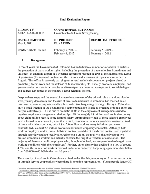 Final evaluation report : Colombia trade union strengthening