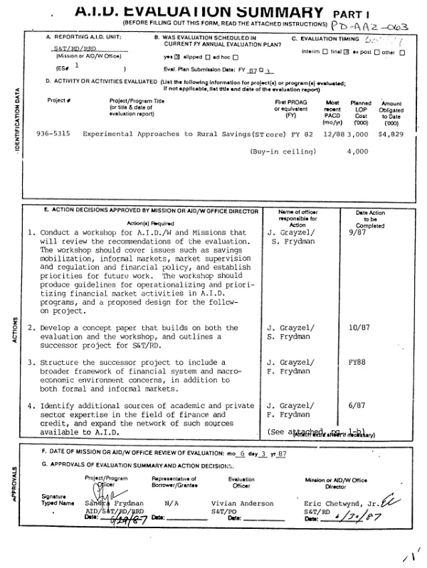 Experimental approaches to rural savings (ST core) FY 82 (buy - in ceiling)