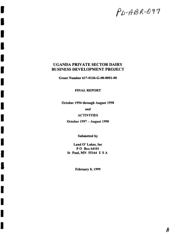 Uganda private sector dairy business development project : final report, October 1994 through August 1998 and activities October 1997 - August 1998
