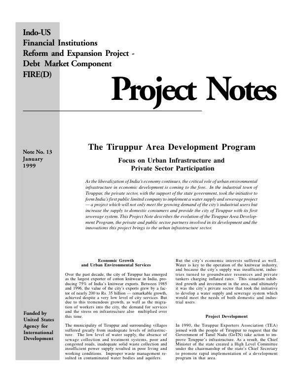 Tiruppur area development program : focus on urban infrastructure and private sector participation