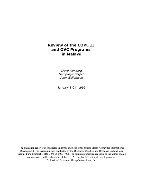 Review of the COPE II [community-based options for protection and empowerment project] and OVC [orphans and vulnerable children program] programs in Malawi