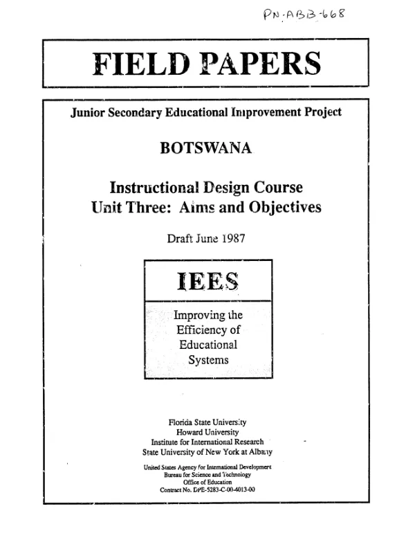 Junior secondary educational improvement project, Botswana -- instructional design course, unit three : aims and objectives