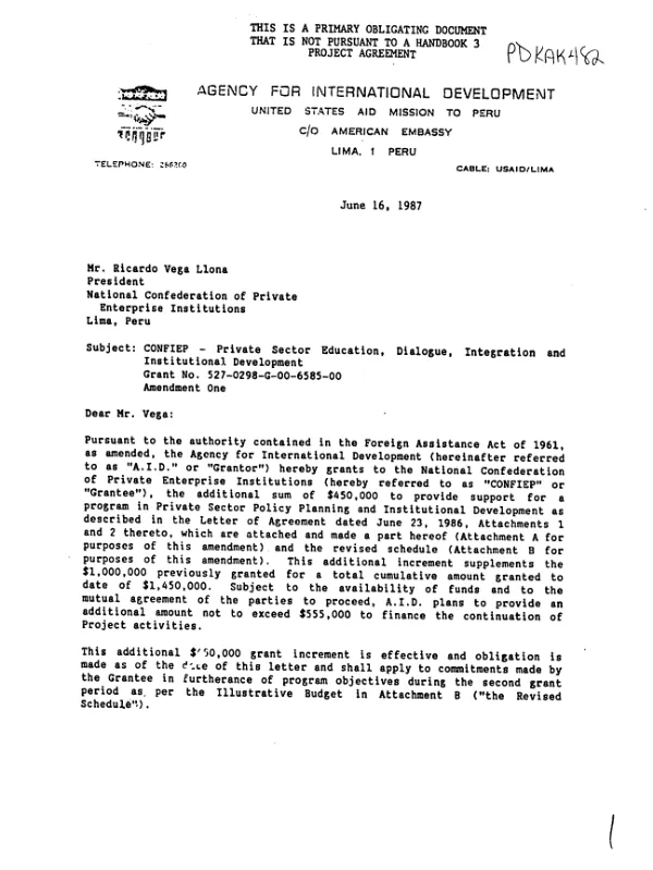 CONFIEP - private sector education, dialogue, integration and institutional development, grant no. 527-02980G-00-6585-00, amendment one