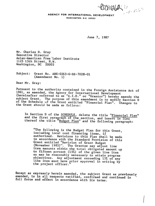 Grant no. ANE-0263-G-SS-7028-01, amendment no. 1 to the Asian - American Free Labor Institute