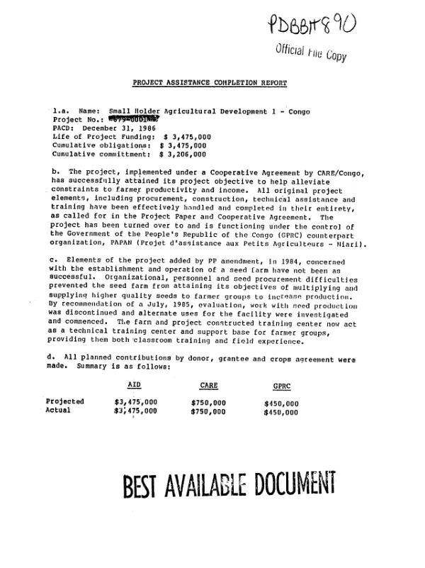 Project assistance completion report [: smallholder agricultural development]