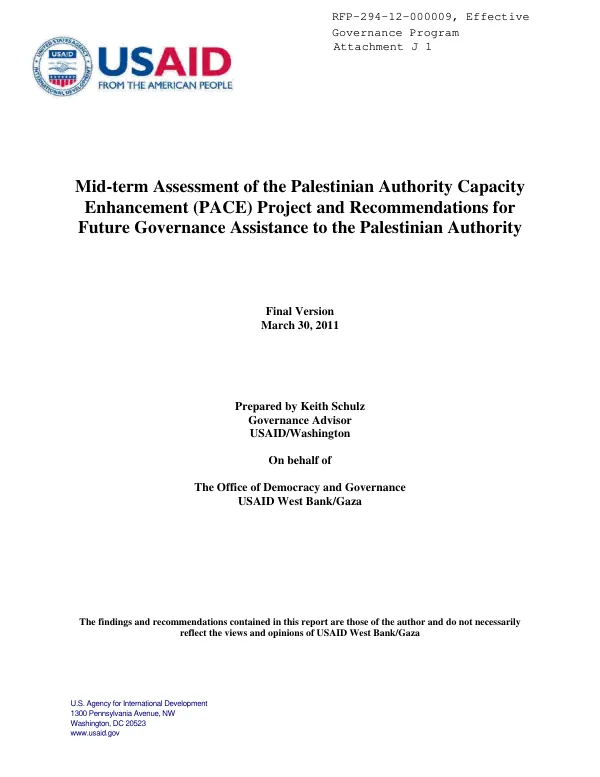 Mid-term assessment of the Palestinian Authority Capacity Enhancement (PACE) project and recommendations for future governance assistance to the Palestinian Authority