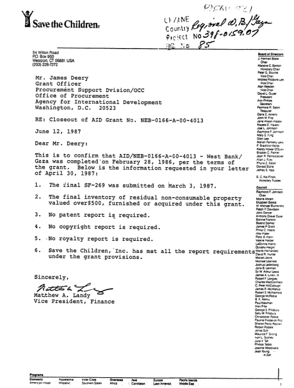 Final report on USAID contract no. NEB-0166-G-SS-1057-00 of the West Bank and Gaza Field Offices of Save the Children Federation, 1 July 1981-28 February 1986