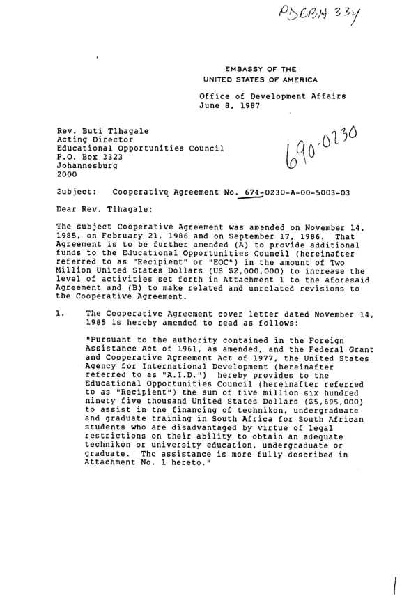Cooperative agreement no. 674-0230-A-00-5003-03
