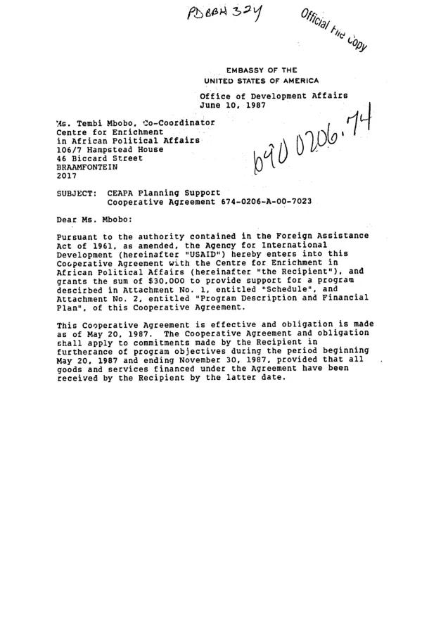CEAPA planning support - cooperative agreement 674-0206-A-00-7023