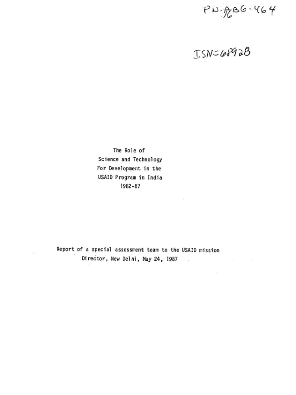 Role of science and technology for development in the USAID program in India 1982-87