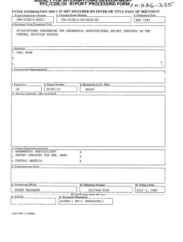 PROEXAG non-traditional agricultural export support project : observations concerning the ornamental horticultural export industry in the Central American region