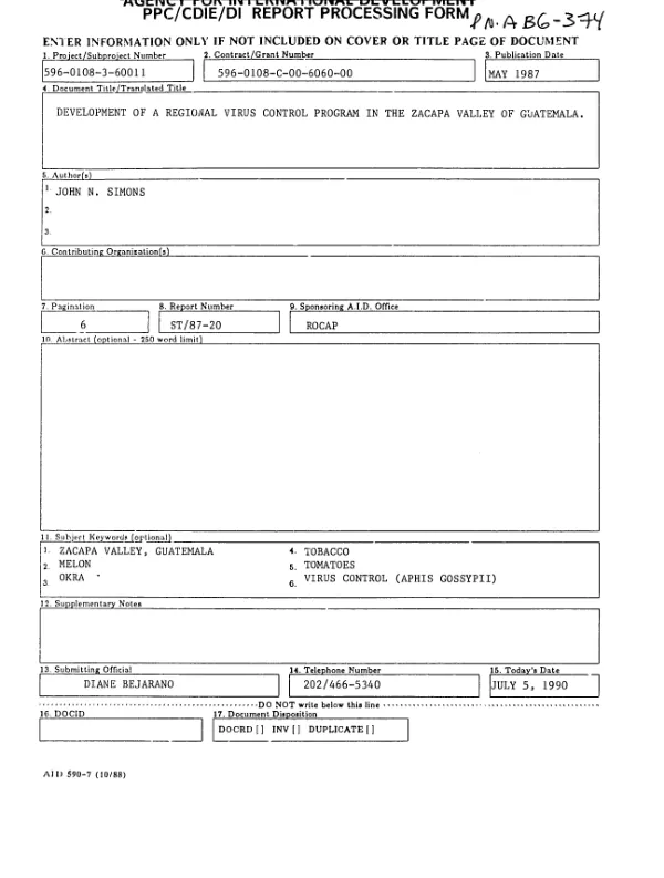 PROEXAG non-traditional agricultural export support project : development of a regional virus control program in the Zacapa Valley of Guatemala