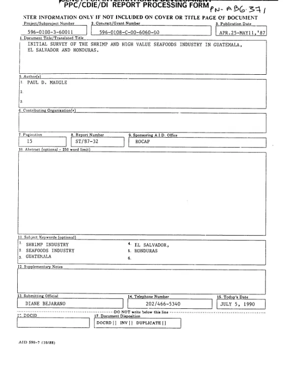 PROEXAG non-traditional agricultural export support project : initial survey of the shrimp and high value seafoods industry in Guatemala, El Salvador and Honduras