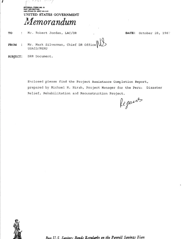 Project assistance completion report : Peru -- disaster relief, rehabilitation, and reconstruction project (527-0277)