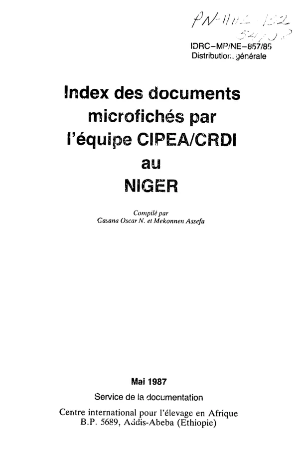 Index des documents microfiches par l"equipe CIPEA/CRDI au Niger