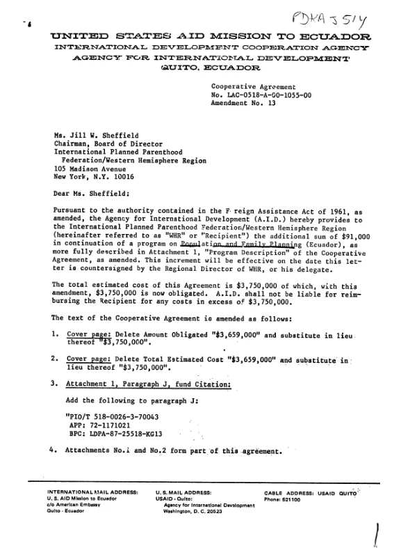 Cooperative agreement no. LAC-0518-A-00-1055-00, amendment no. 13 [to the International Planned Parenthood (Ecuador)]