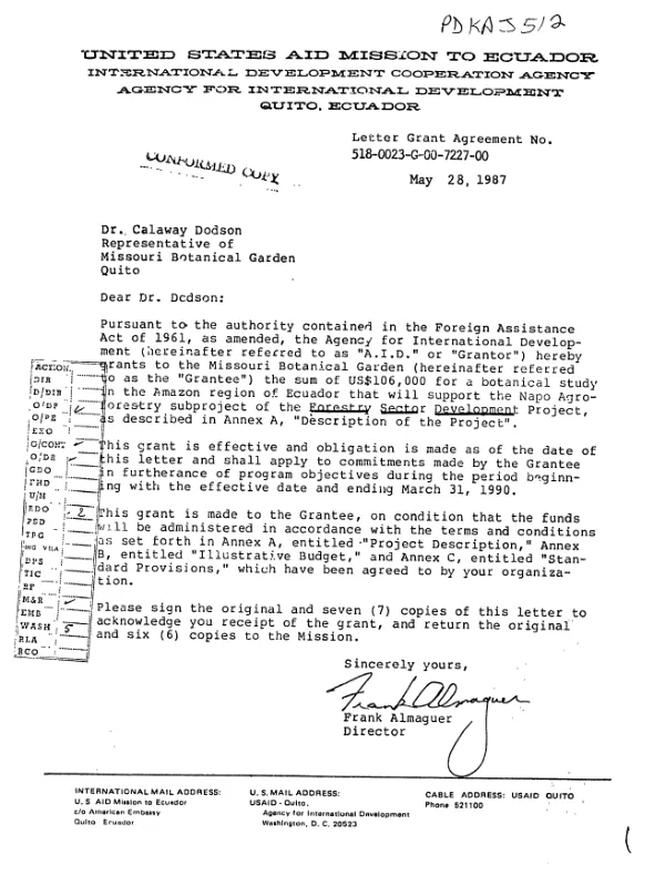 Letter grant agreement no. 518-0023-G-00-7227-00 to Missouri Botanical Garden for support to Napo agroforestry subproject of forestry sector development project