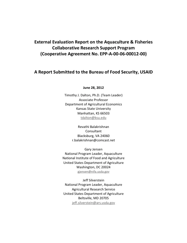 External evaluation report on the aquaculture & fisheries collaborative research support program (cooperative agreement no. EPP-A-00-06-00012-00)