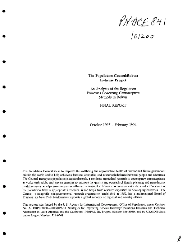 In-house project : analysis of the regulation processes governing contraceptive methods in Bolivia -- final report : October 1993-February 1994