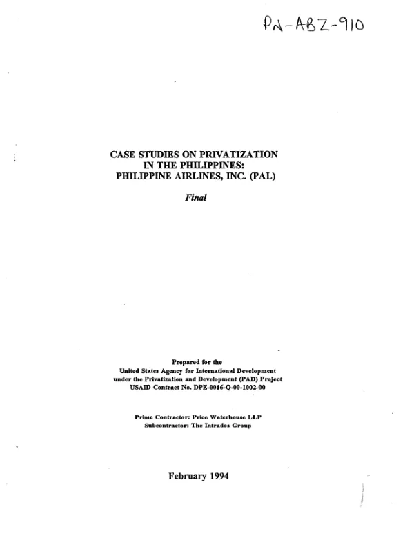 Case studies on privatization in the Philippines : Philippine Airlines, Inc. (PAL) -- final